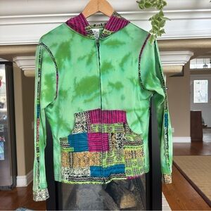 90s Grunge Hippie Tie Dye Patchwork Zip up Hoodie Psychedelic Indie Funky Medium